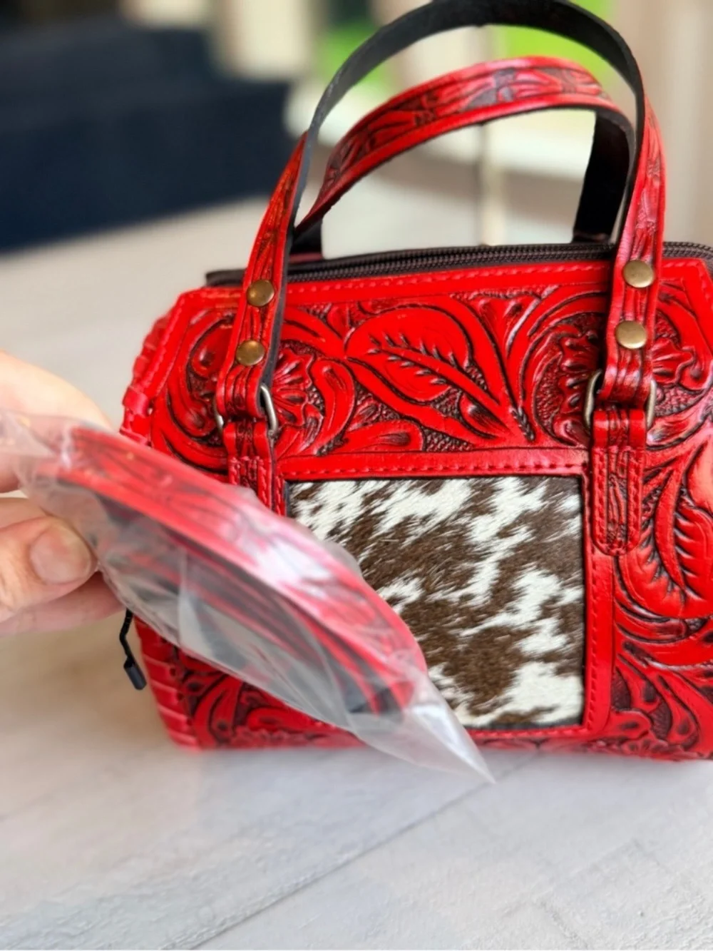 Genuine Leather Cowhide Western Speedy Purse Tooled Floral Red Satchel Bag MINI